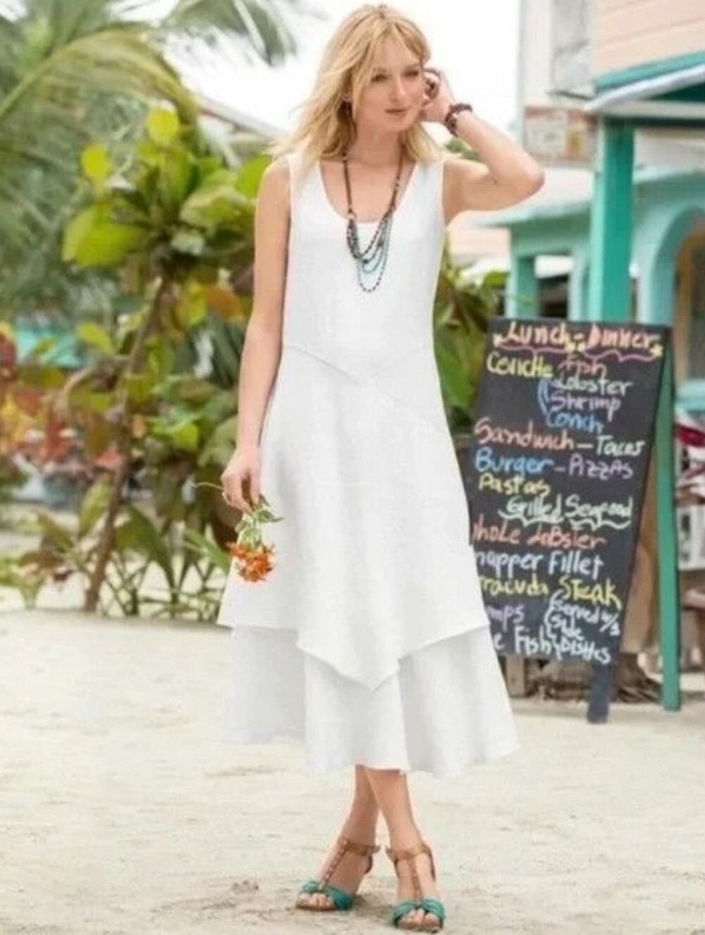Sundance Hazy Isles Linen Maxi Midi Dress White S Costal Tiered Layered Tank